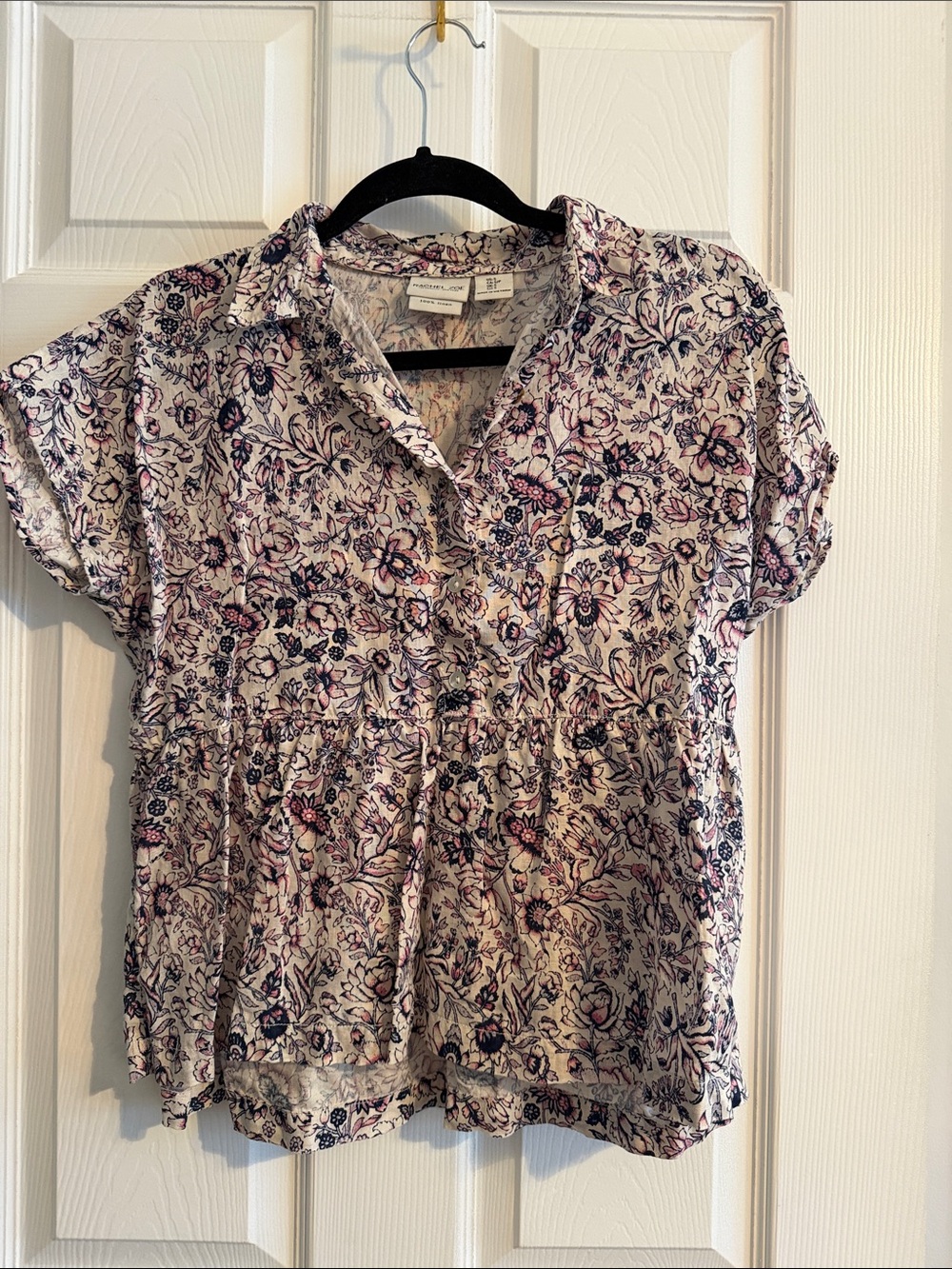 Rachel Zoe White Floral Short-Sleeve Button Blouse with Pink and Navy Accents